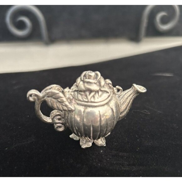 Vintage Gianna Rose 1995 Mini pewter Teapot Rose hinged Lid Pill box Trinket - Picture 8 of 11